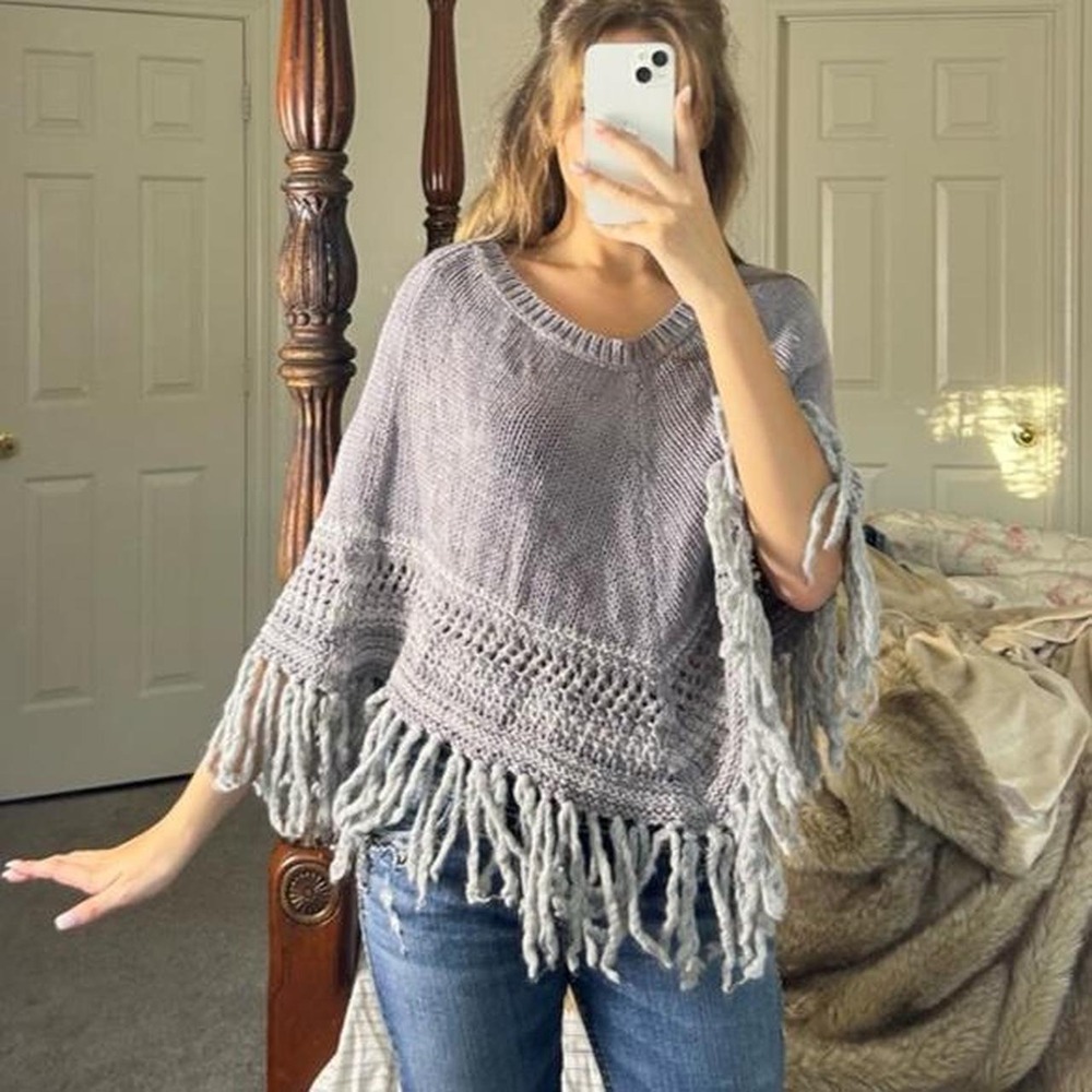 Grey crochet poncho cape top with fringe